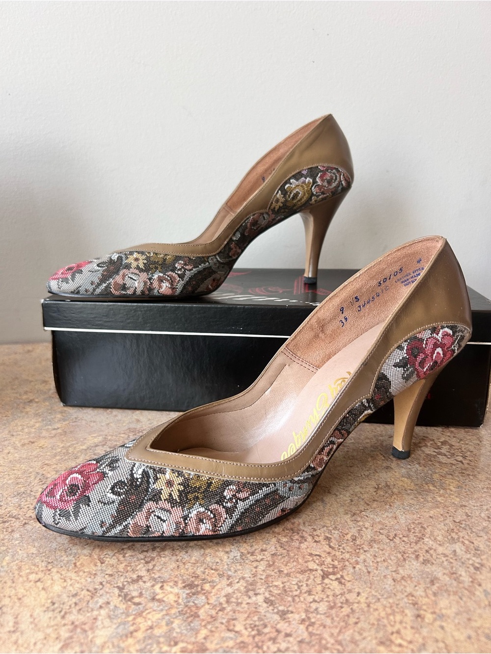 Vintage Floral Tapestry/Leather Heels customized for Ray Ehinger size 9